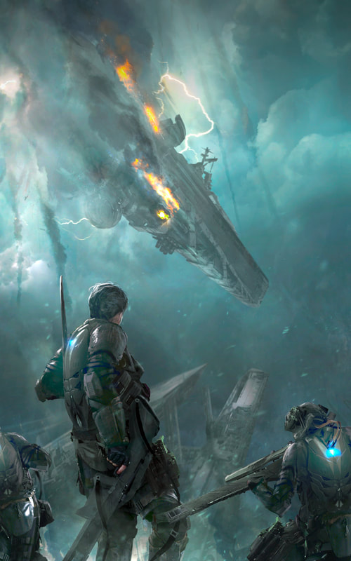 Front cover of 'Steal from the Devil', depicting three futuristic soldiers on a desolate planet. They are watching a flaming starship de-orbit.