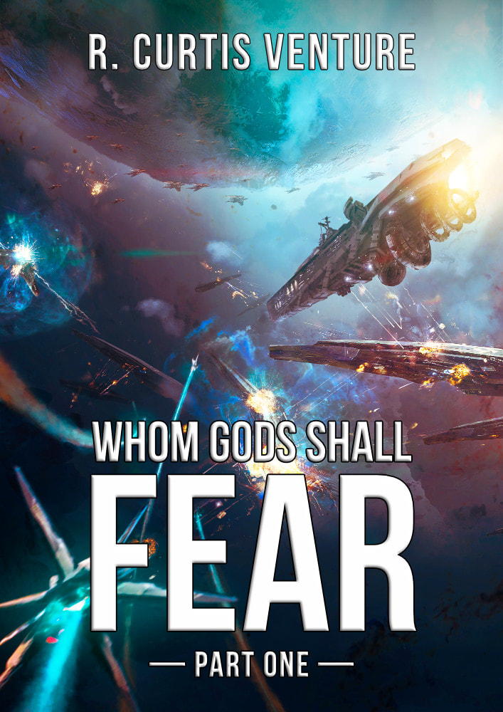 Front cover of 'Whom Gods Shall Fear, Part One', depicting a fleet engagement in space near a large, blockaded planet.