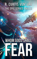 Front cover of 'Whom Gods Shall Fear', depicting a frenzied battle in space